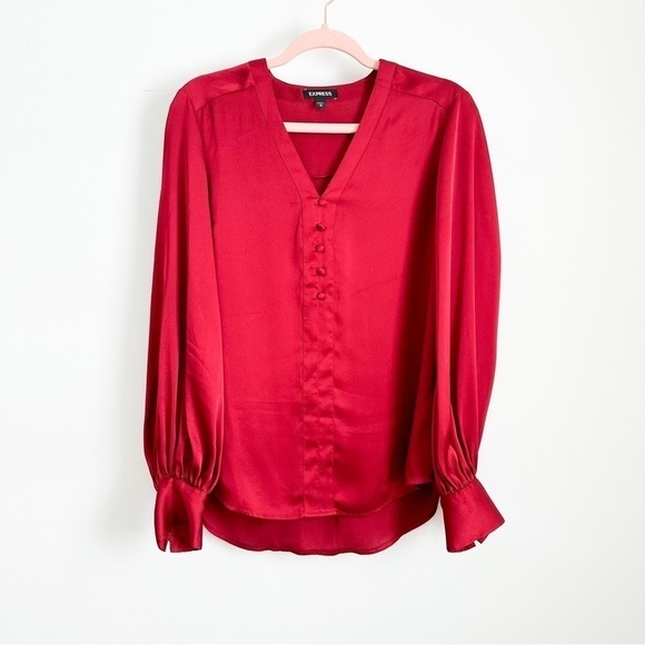 Express Satin Silky V neck Button Detail Balloon Sleeve Blouse Top Crimson Med - Picture 2 of 8